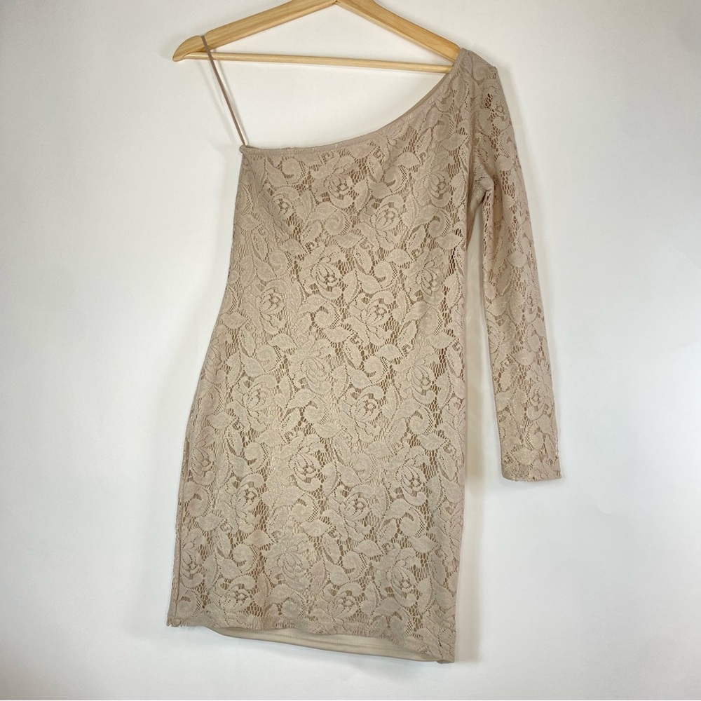 Zara Womens Floral Lace One Shoulder Bodycon Mini Dress Size M Beige Shimmer
